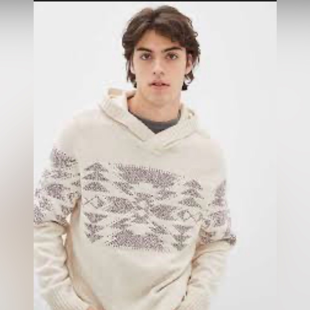 American Eagle Men’s Small Beige Aztec Knit Y2K Hoodie Sweater